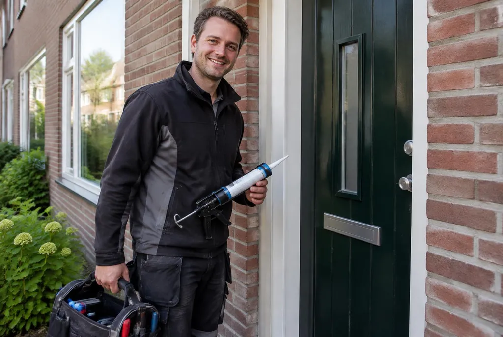Vakman van Kitbedrijf Werkhoven bij de voordeur van een woning